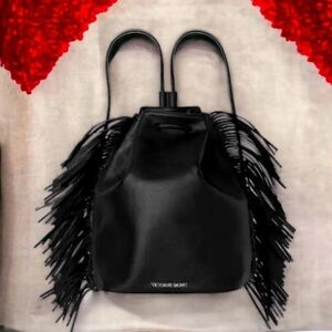 Victoria’s Secret Black Faux Leather Fringe Backpack Boho Shoulder Bag NWOT 2of2